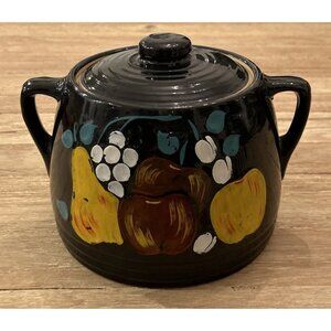 Black Pottery Bean Pot Lidded Jar Hand Painted Fruit Double Handled Ringed Lid